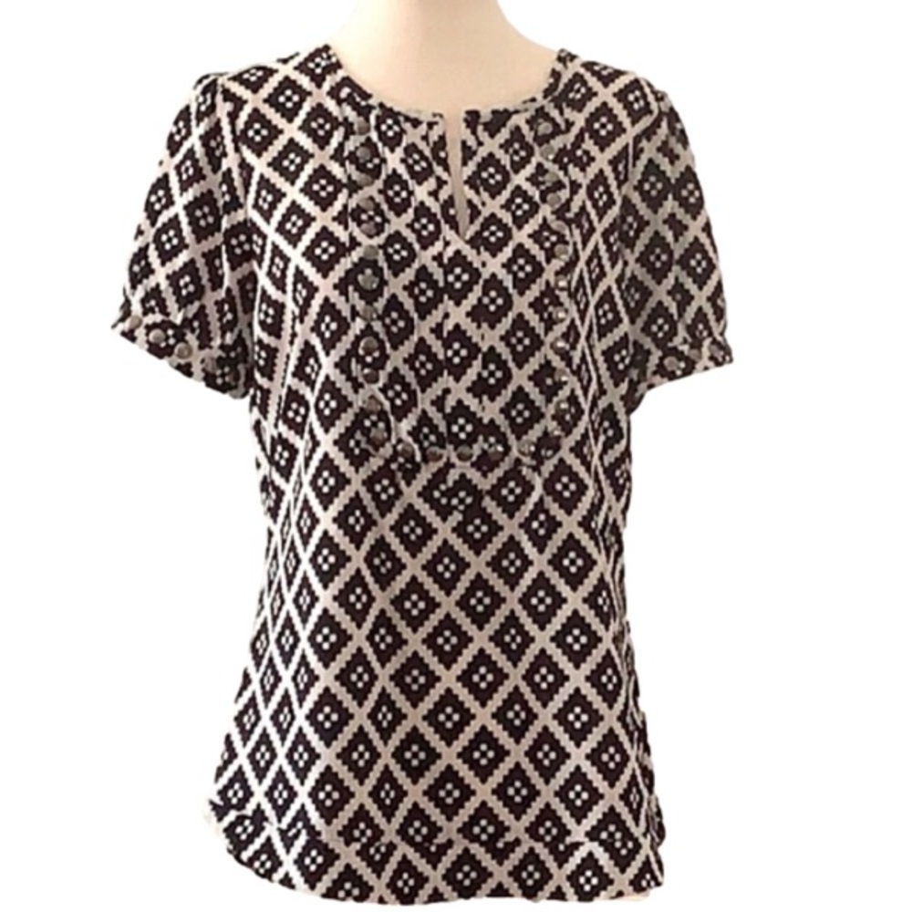 41 Hawthorne Blue White Geometric Print Short Sleeve Blouse Women's Small